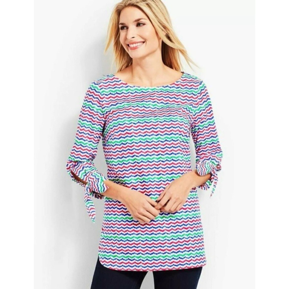 Talbots Colorful Whale-Tail Wavy Print Tie Sleeve Popover Blouse Size M
